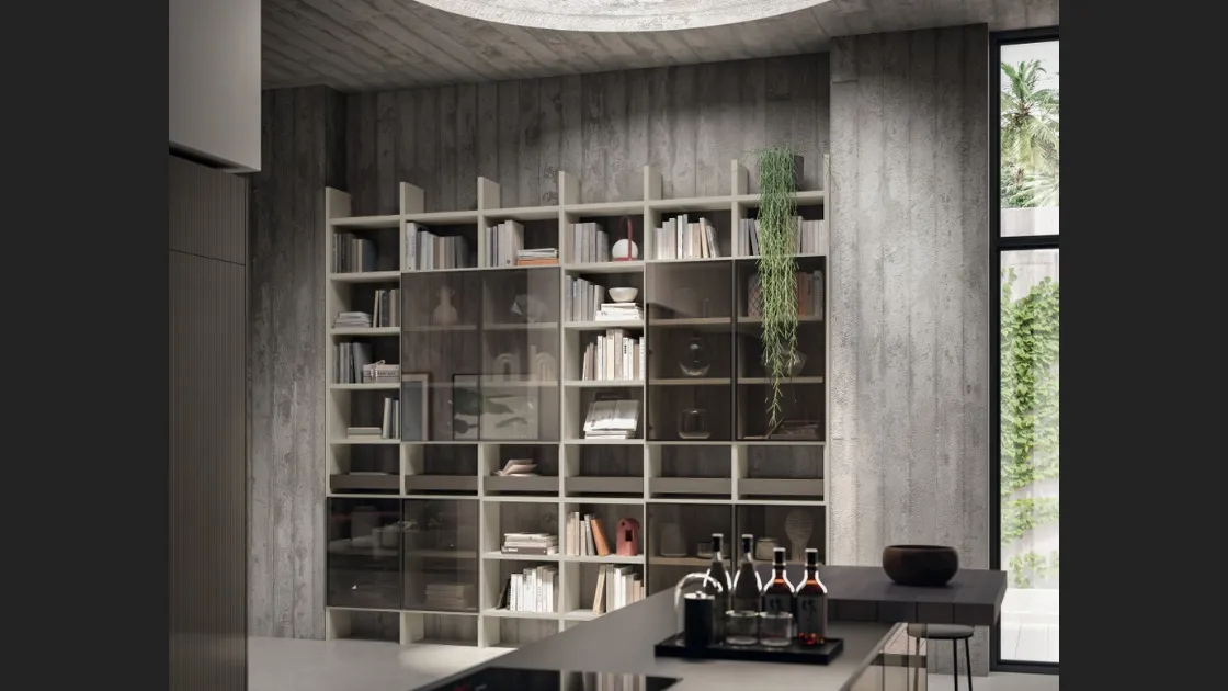 Libreria Living Libra in laccato opaco Grigio Gabbiano e Cuvé di Scavolini