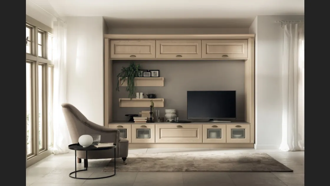 Parete Attrezzata Living Madeleine in Frassino Bianco Burro di Scavolini