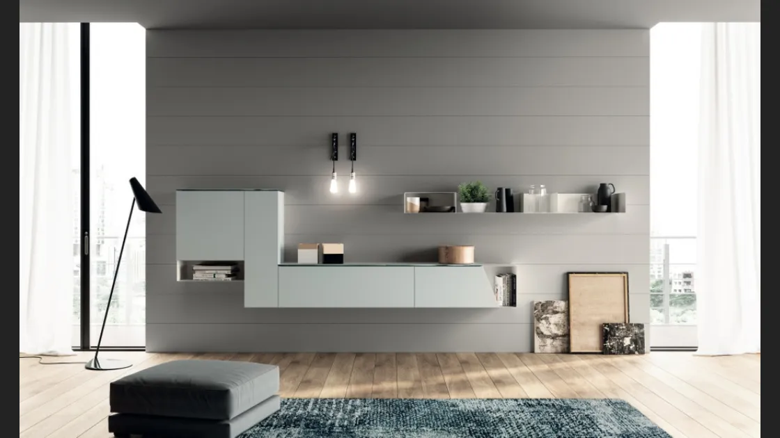 Parete Attrezzata sospesa Living Mood in laccato opaco Ghiaccio di Scavolini