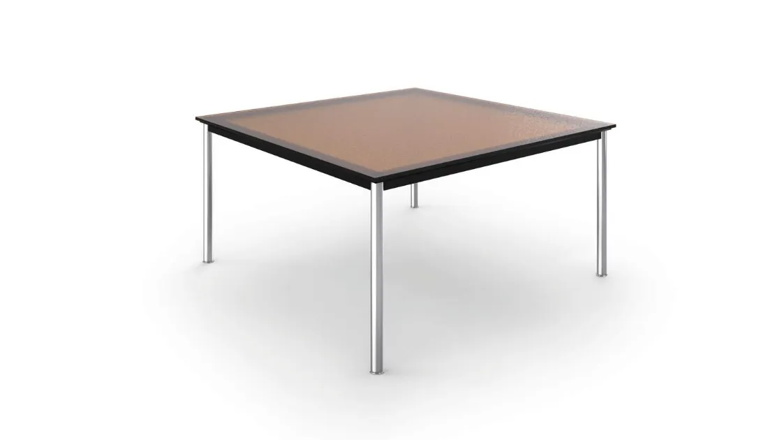 Tavolo Table en Tube con piano in vetro e base in acciaio cromato lucido di Cassina