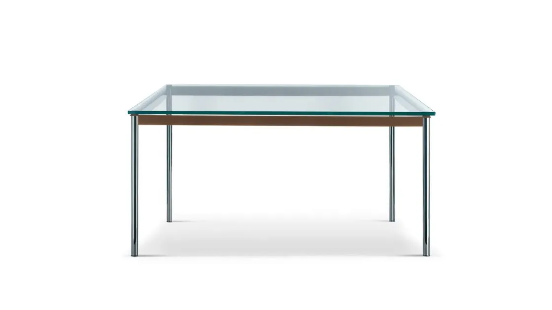 Tavolo Table en Tube con piano in vetro e base in acciaio cromato lucido di Cassina