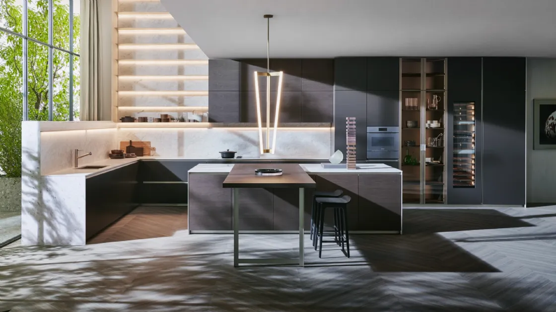 Cucina Design ad angolo con isola Prime in Noce Scuro e laccato con top in marmo di Dada