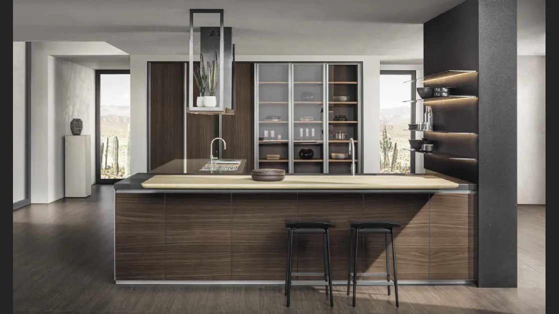 Cucina Design con penisola HiLine 6 Frame Door con base in Noce, top in acciaio Inox e Nero Lava, banco snack in Rovere biondo nodato di Dada