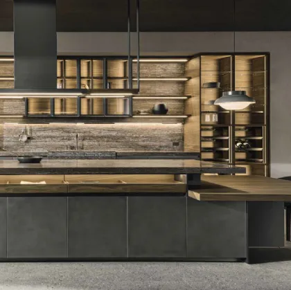 Cucina Design con isola VVD in Acciaio Nebula e Rovere thermo con top in marmo travertino di Dada