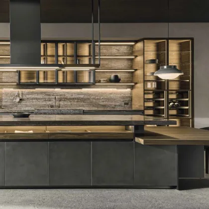 Cucina Design con isola VVD in Acciaio Nebula e Rovere thermo con top in marmo travertino di Molteni & C