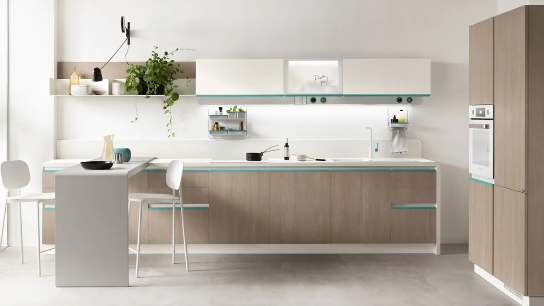 Cucina Moderna Dandy Plus Rovere Gessato con maniglia Blu Agave di Scavolini