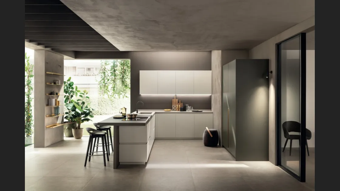 Cucina Moderna DeLinea in laccato Bianco e gres Calce Grigio di Scavolini