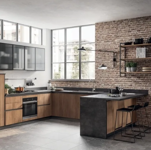 Cucina Moderna con penisola Evolution Rovere Land di Scavolini