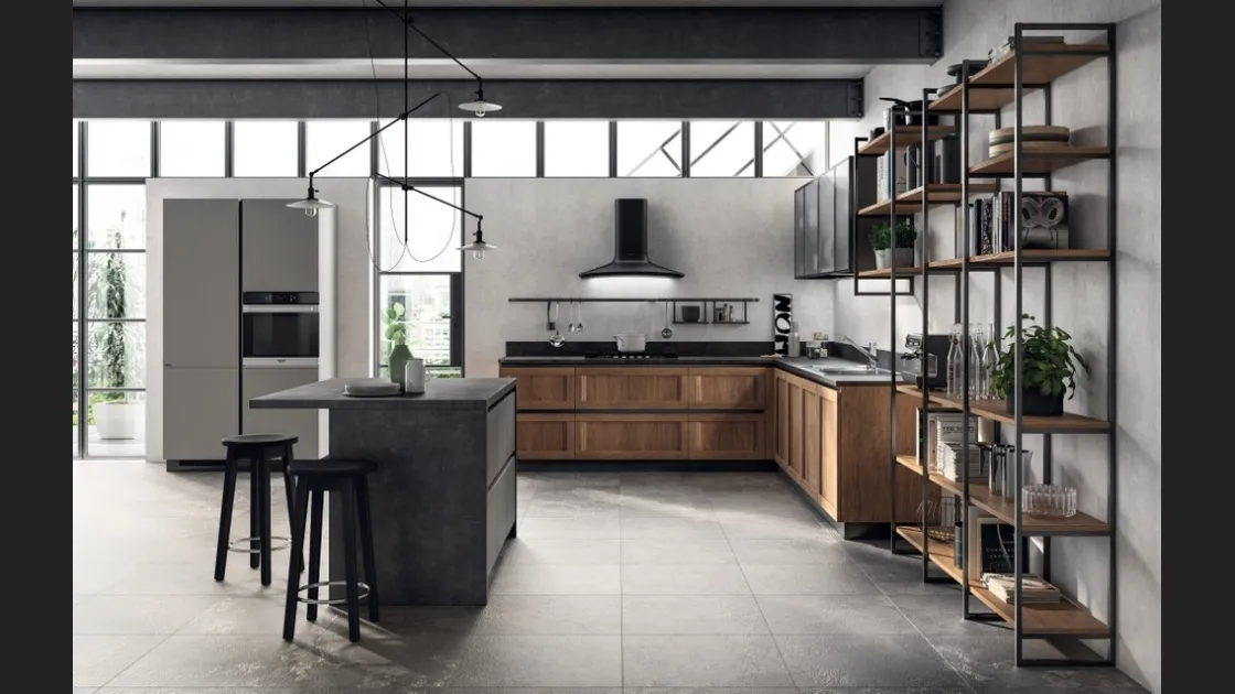 Cucina Moderna angolare con isola Evolution in decorativo Rovere Land e laminato Volcanic Ash di Scavolini