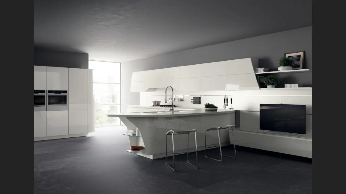 Cucina Moderna con penisola Flux Swing in Bianco lucido di Scavolini