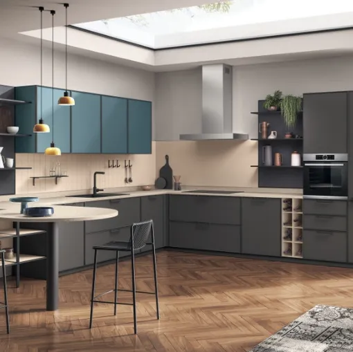 Cucina Moderna Jeometrica 02 in laccato opaco Grigio Ferro e Verde Ottanio di Scavolini