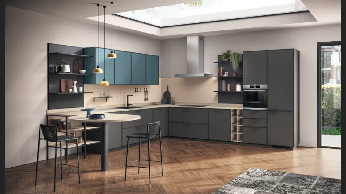 Cucina Moderna Jeometrica 02 in laccato opaco Grigio Ferro e Verde Ottanio di Scavolini