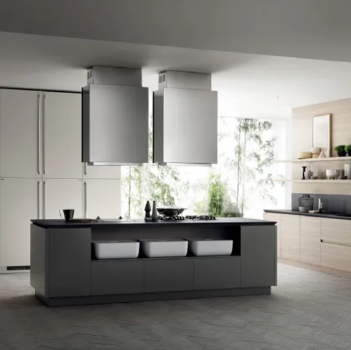 Cucina Moderna Qi Qi in laccato Grigio Titanio, Grigio Chiaro e Olmo Hono di Scavolini