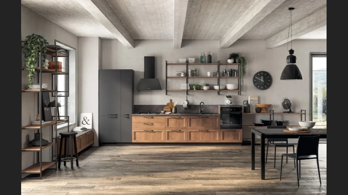 Cucina Moderna lineare Sax in decorativo Rovere Land e laccato opaco Grigio Ferro di Scavolini