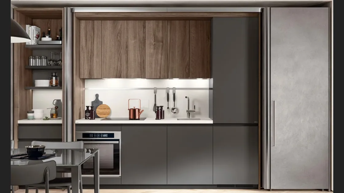 Cucina Boxi in Grigio Ferro opaco e Noce Garden di Scavolini