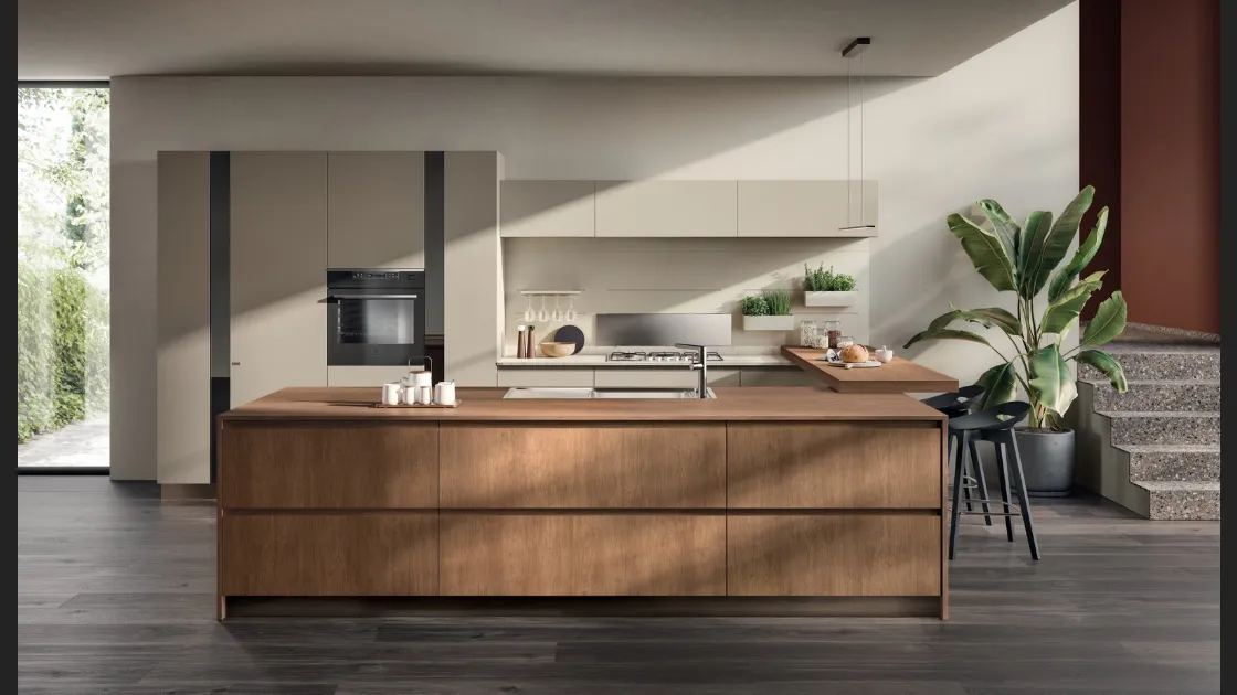 Cucina Moderna Motus in Rovere Landscape e laccato opaco Visone di Scavolini