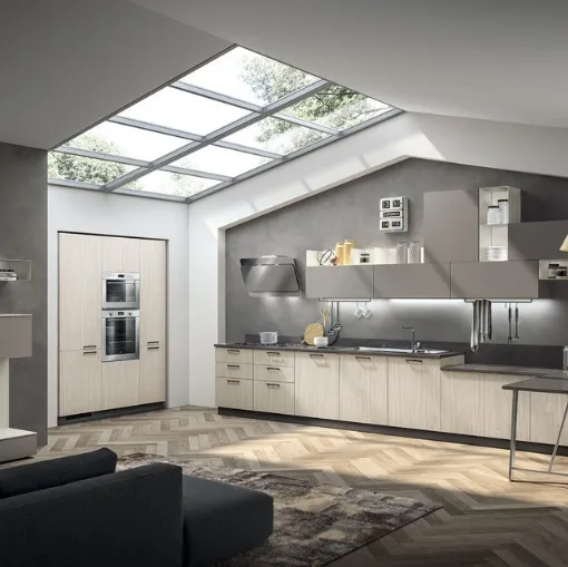 Cucina su misura ad angolo con penisola Sax in decorativo Noce Neutral e Polvere di Scavolini