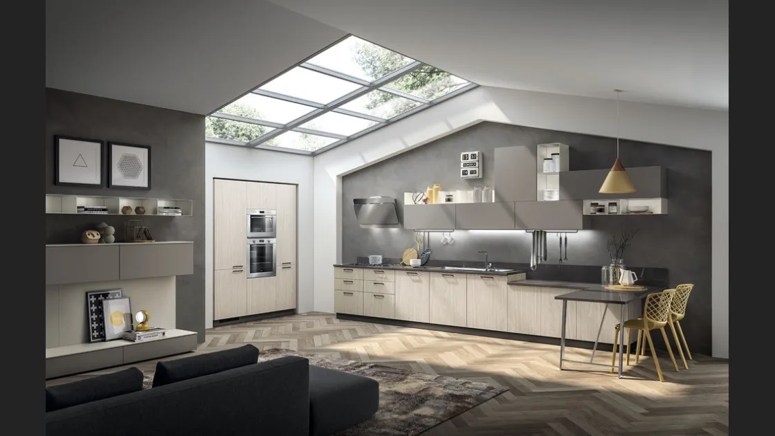 Cucina su misura ad angolo con penisola Sax in decorativo Noce Neutral e Polvere di Scavolini